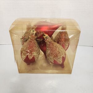 6 Vintage Red Satin Glass Teardrop Gold Glitter Christmas Ornaments